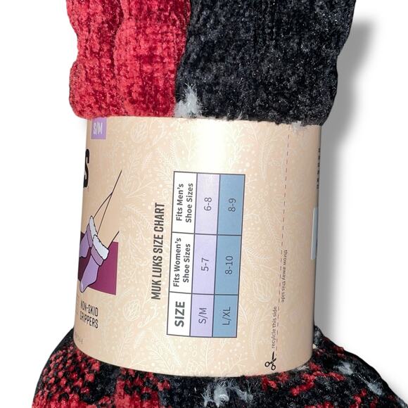 Muk Luks Sz S/M Slipper Socks Faux Fur Lined Warm Cabin 2 Pk Buffalo Check Gift - Picture 9 of 14